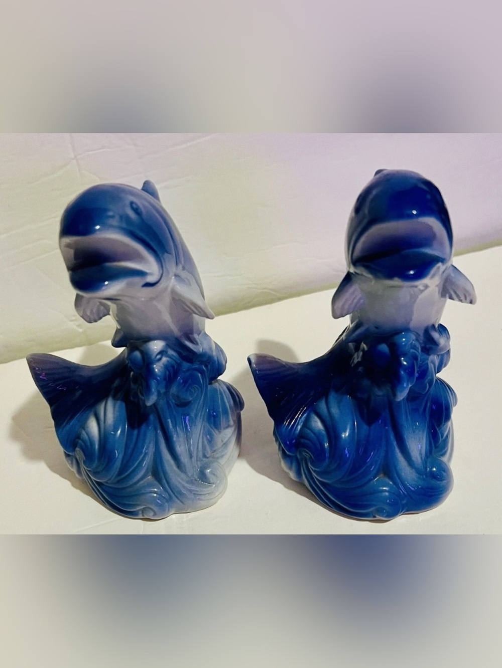 Pair of Vintage Blue & White Ceramic Dolphin Figurines on Wave Bases